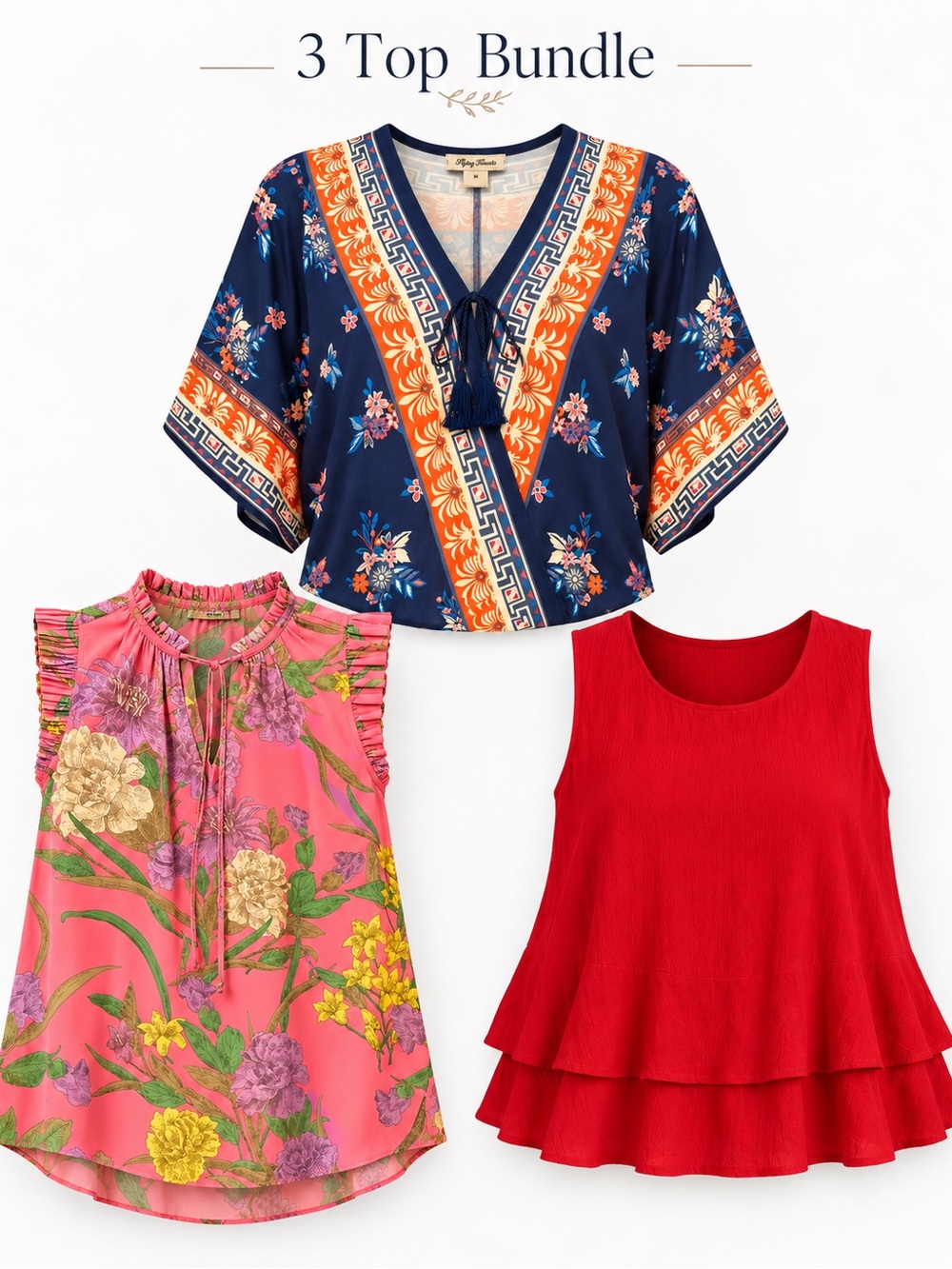 3-Pack Girls' Mixed Tops – Navy Floral, Pink Floral, Red Ruffle Tank